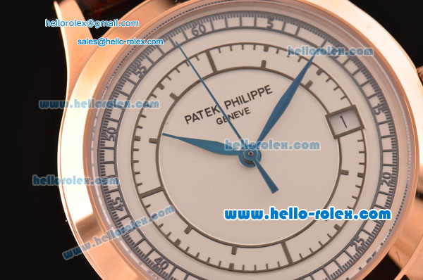 Patek Philippe Calatrava Swiss ETA 2824 Automatic Rose Gold Case with Brown Leather Strap and White Dial - Click Image to Close